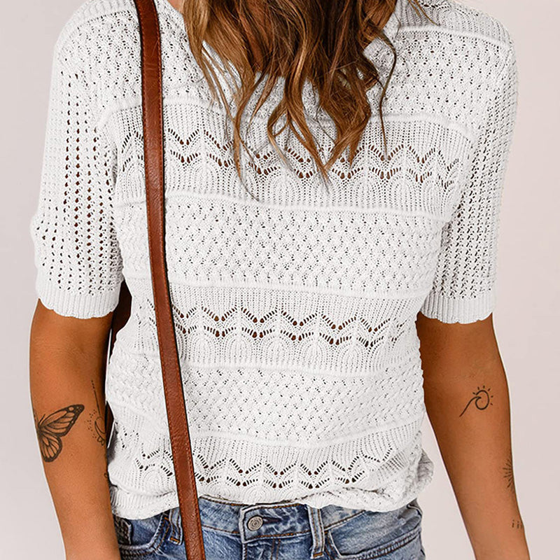 🎉This week's Special Sales - 49% OFF✨Women's Round Neck Hollow Knit Crochet Short Sleeve Sweater