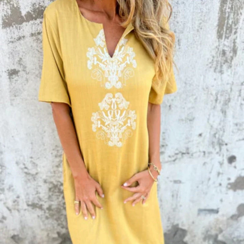 🌷✨Women's V-neck linen dress with hand embroidered neckline