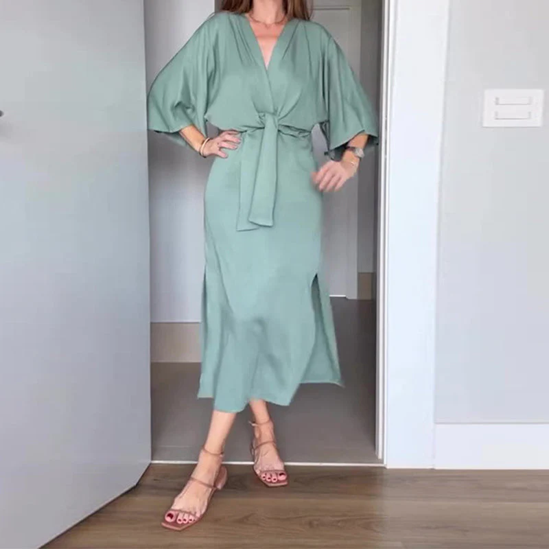 💃Women’s Elegant Waist Tie Side Slit V-Neck Dress