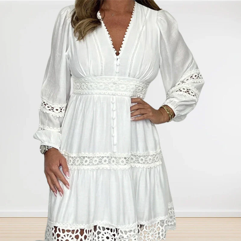 👗Women's White Vintage Hollow Out Lace V-Neck Dress