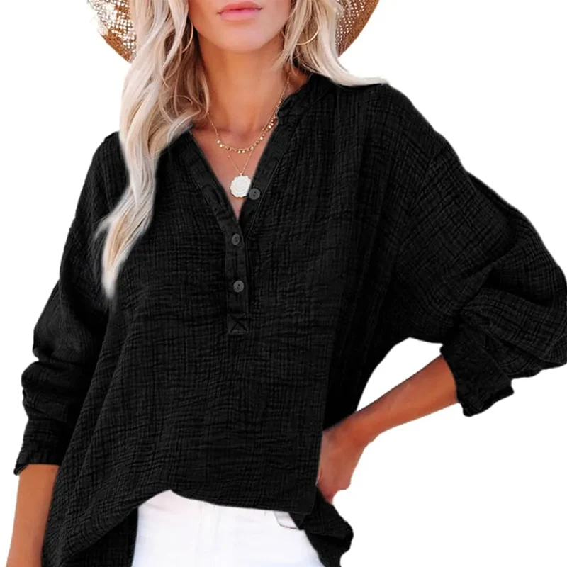🏆🏆🔥Last Day Sale 50%🔥🌸🌸Women’s Casual Gauze Button Neck Long Sleeve Blouse