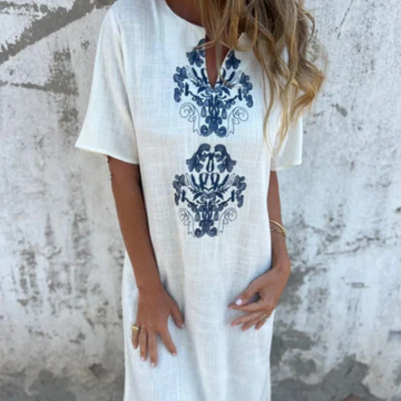 🌷✨Women's V-neck linen dress with hand embroidered neckline