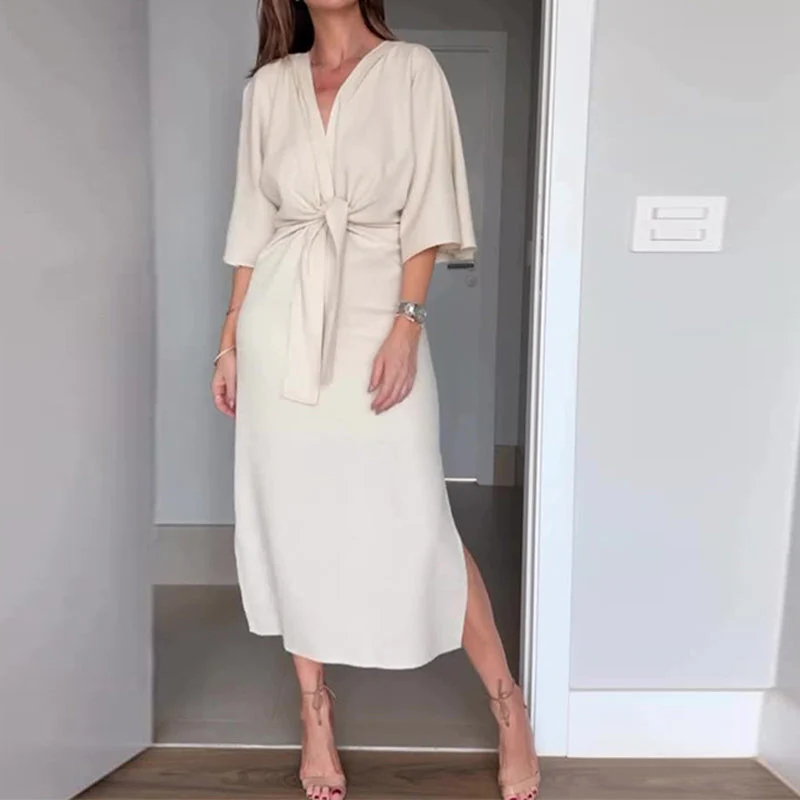 💃Women’s Elegant Waist Tie Side Slit V-Neck Dress