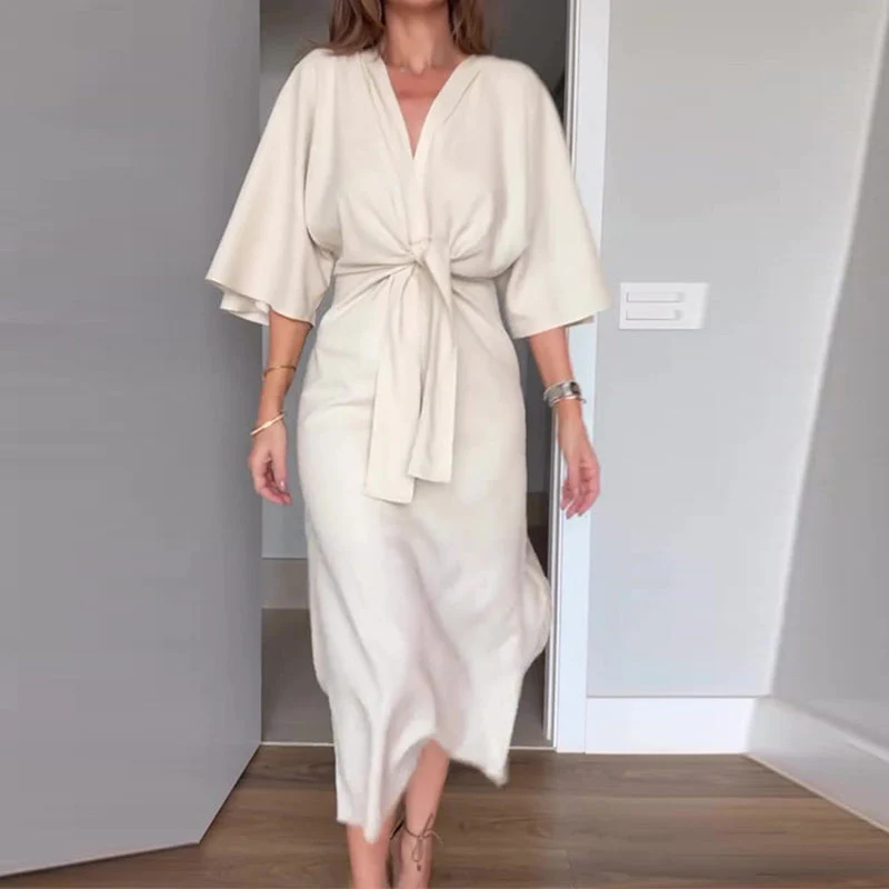 💃Women’s Elegant Waist Tie Side Slit V-Neck Dress