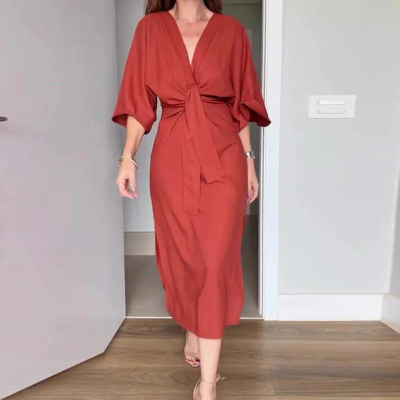 💃Women’s Elegant Waist Tie Side Slit V-Neck Dress