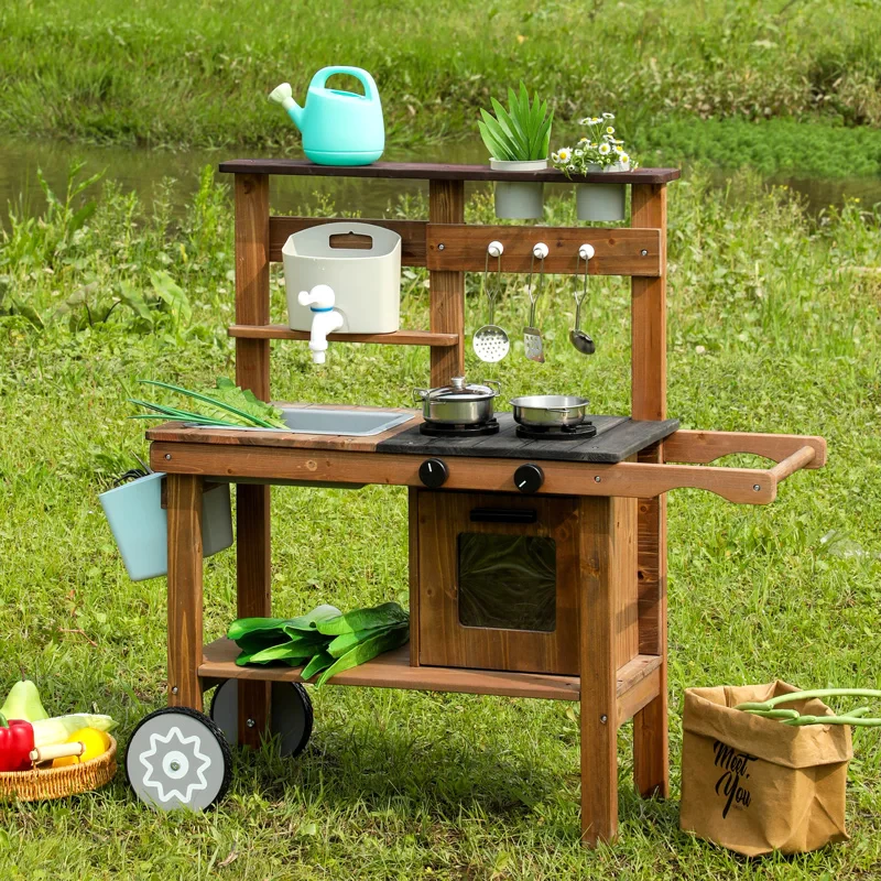 Outdoor wooden kitchen family toy kindergarten orchard vegetable field kitchen utensils tool table outlet stove