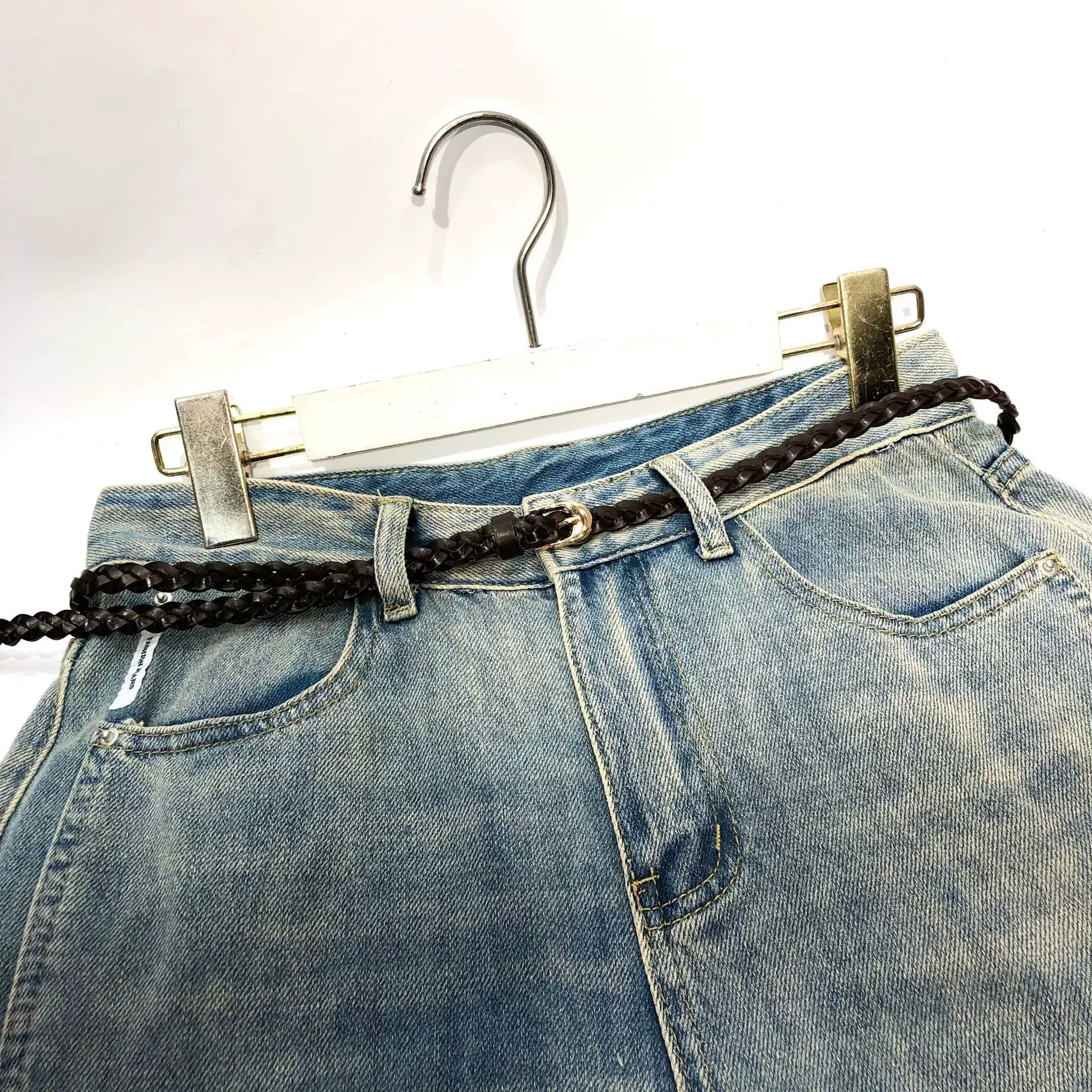 Braided Genuine Leather Belt with Round Metal Buckle