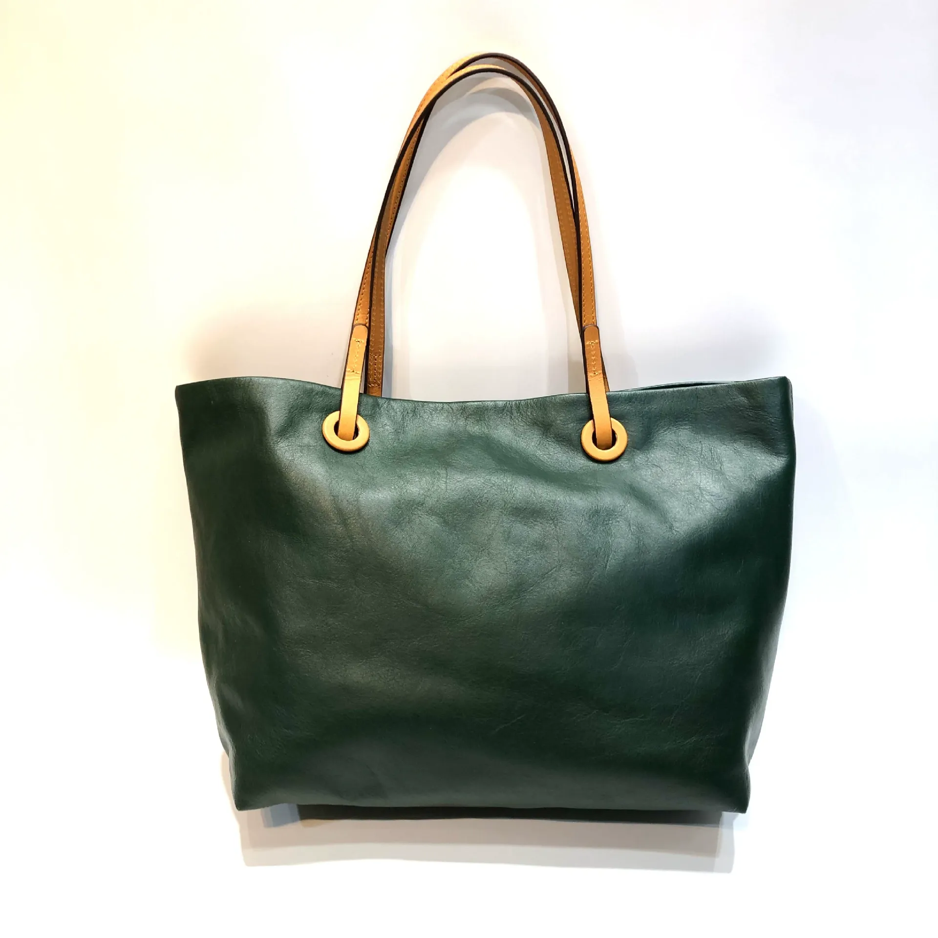 Green Genuine Leather Tote Bag with Round Handle Detail