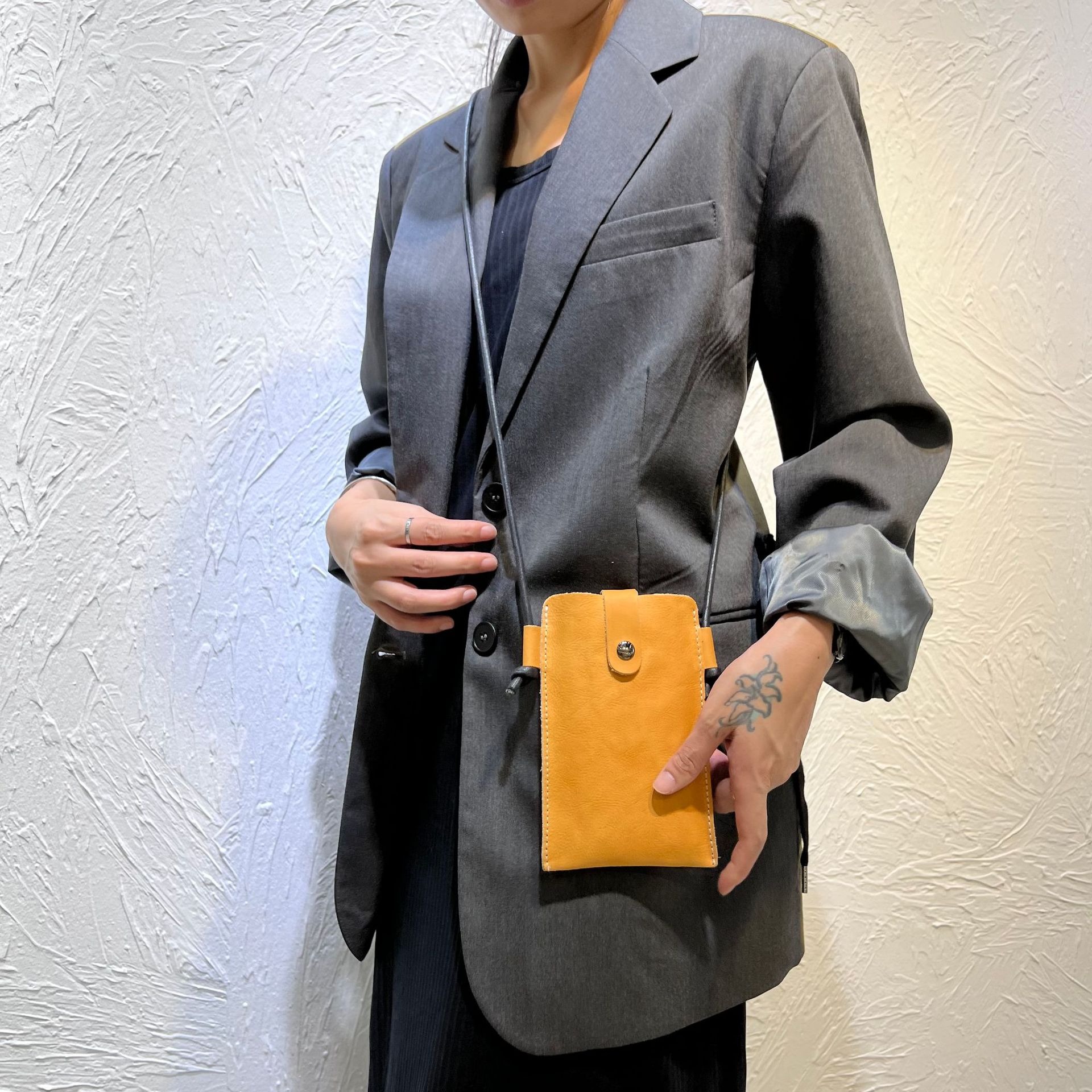 Button Flap Yellow Leather Phone Crossbody Bag