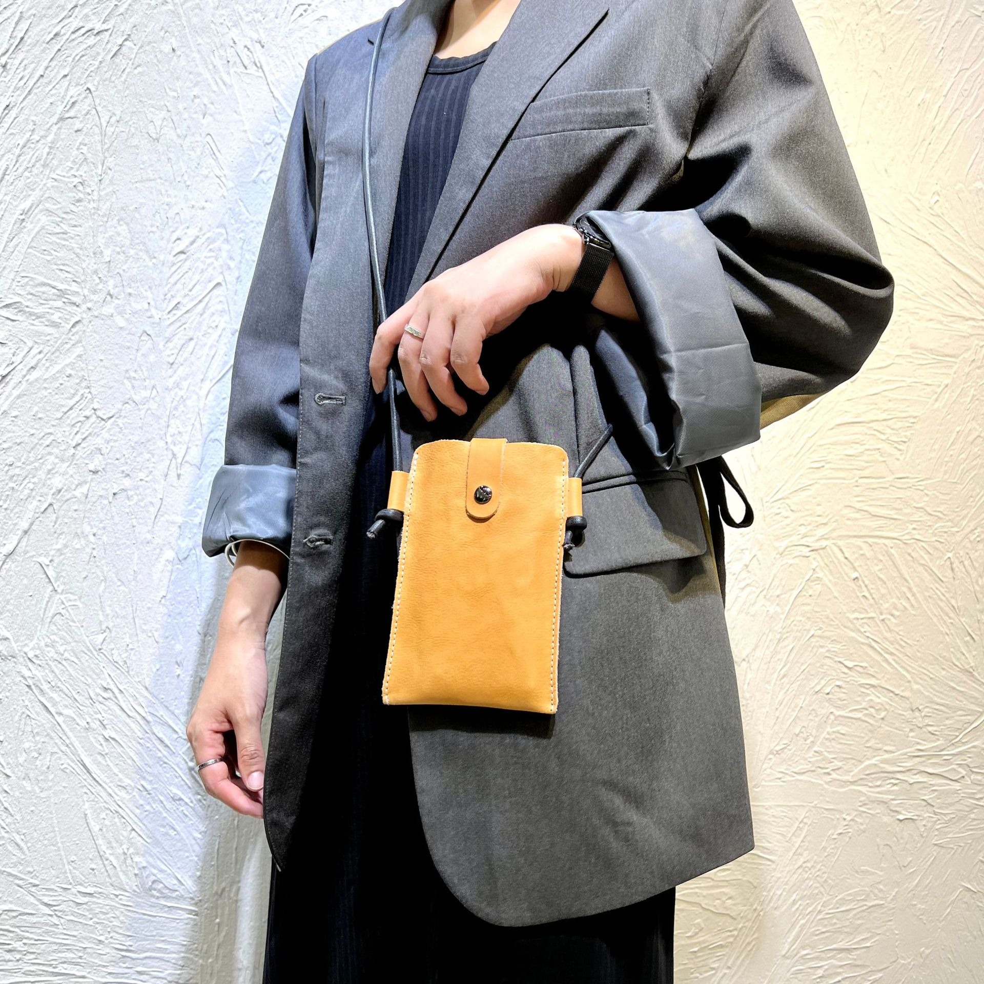 Button Flap Yellow Leather Phone Crossbody Bag