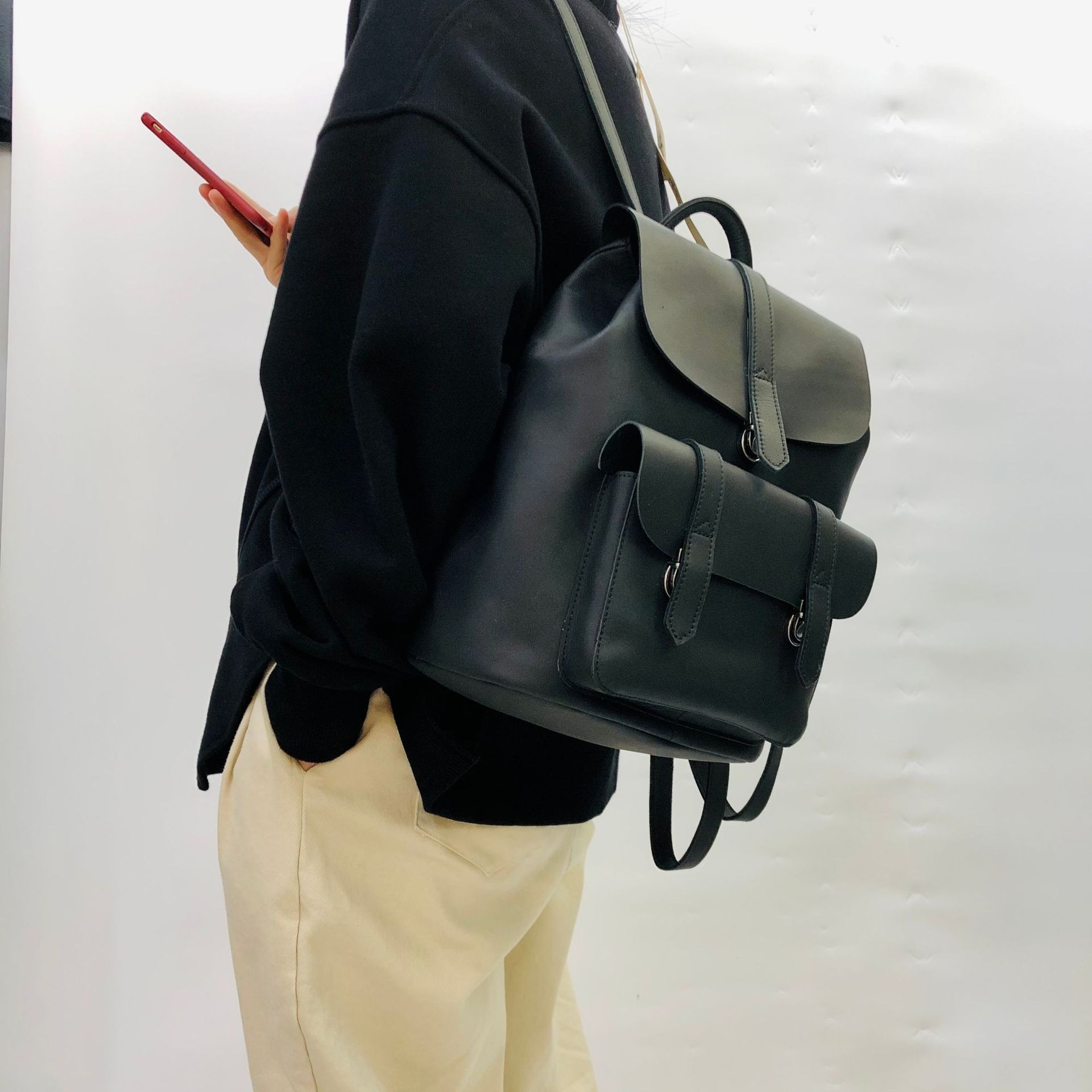 Genuine Leather Backpack with Flap Closure