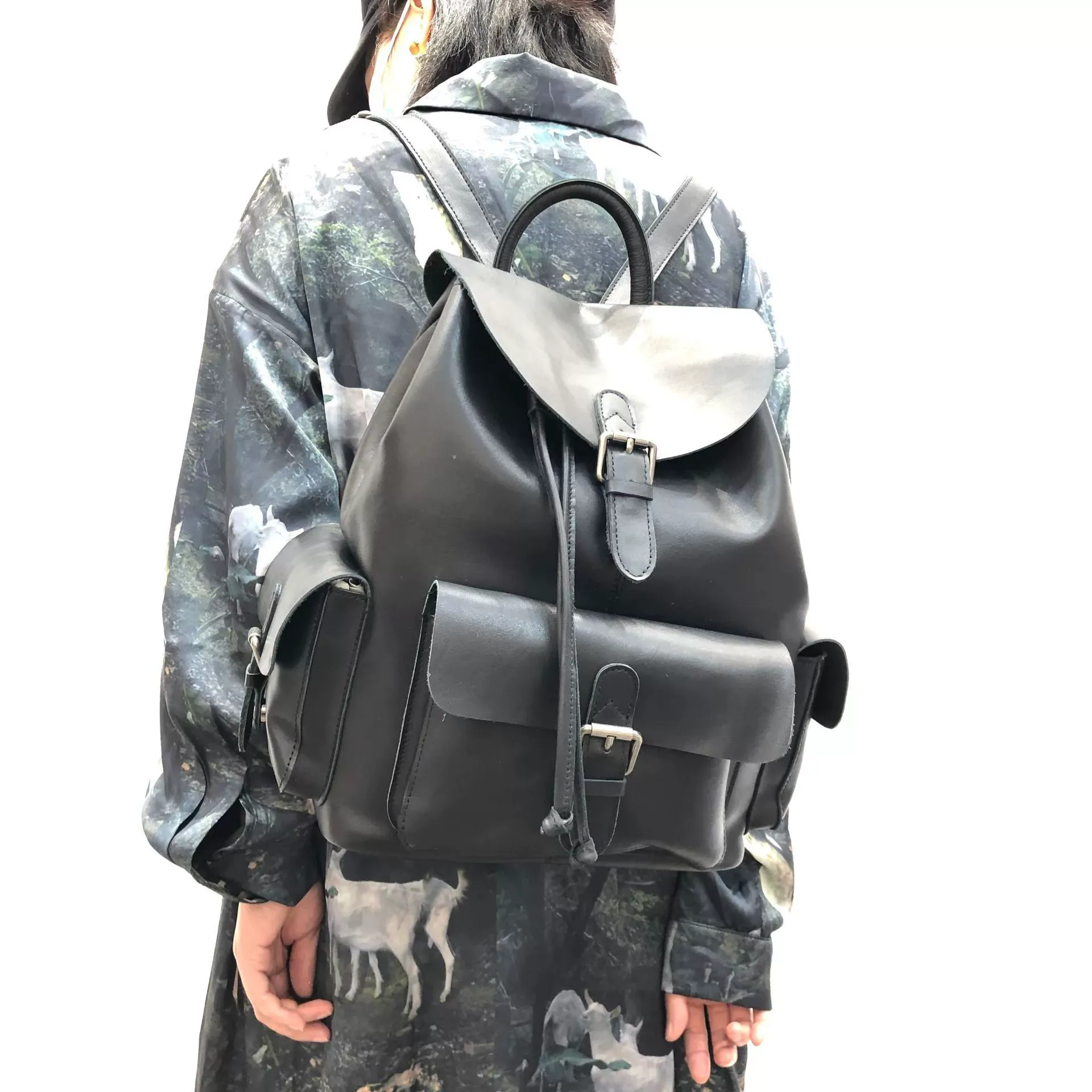 Genuine Leather Backpack with Flap Closure