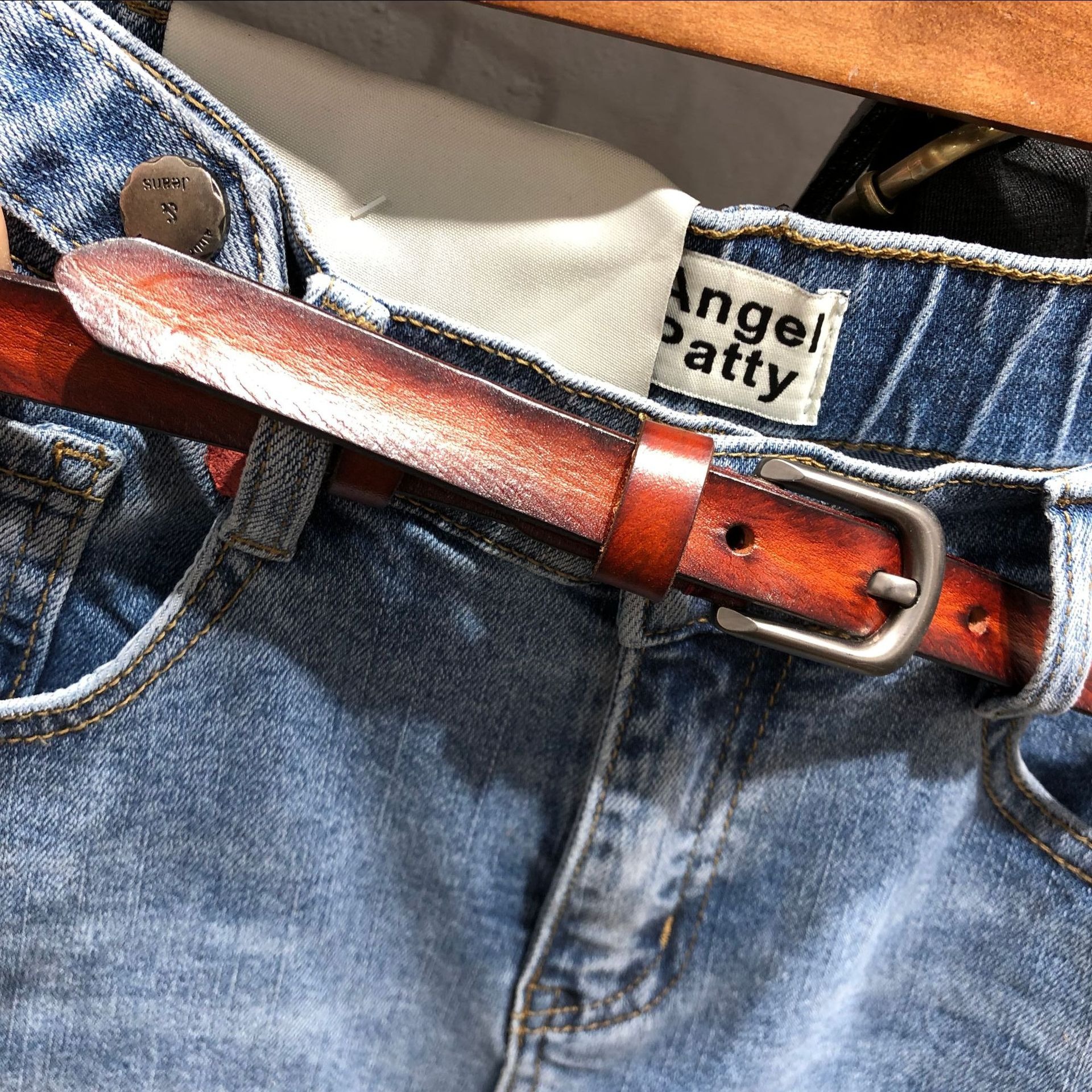 Red Genuine Leather Belt with Metal Buckle