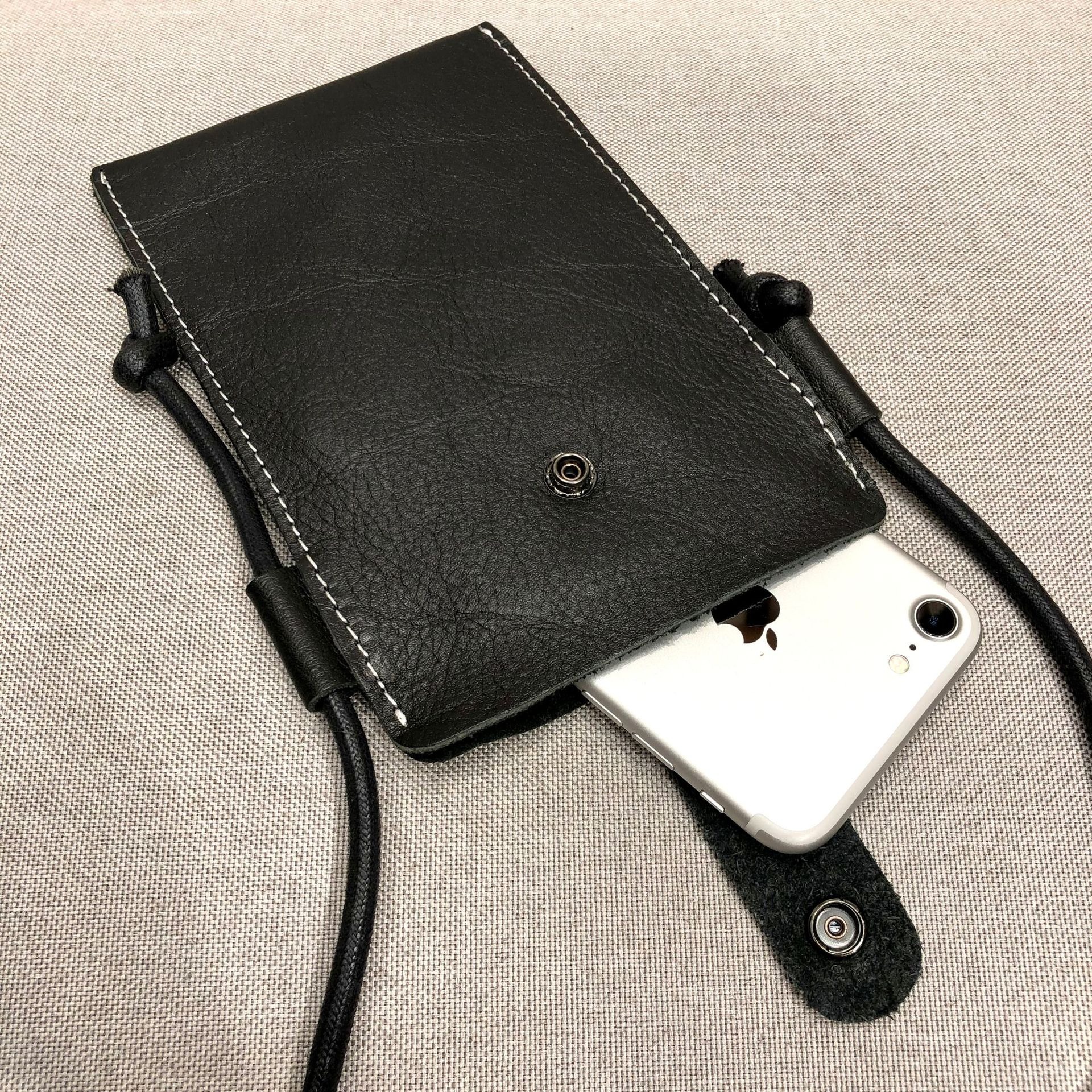 Button Flap Black Leather Phone Crossbody Bag