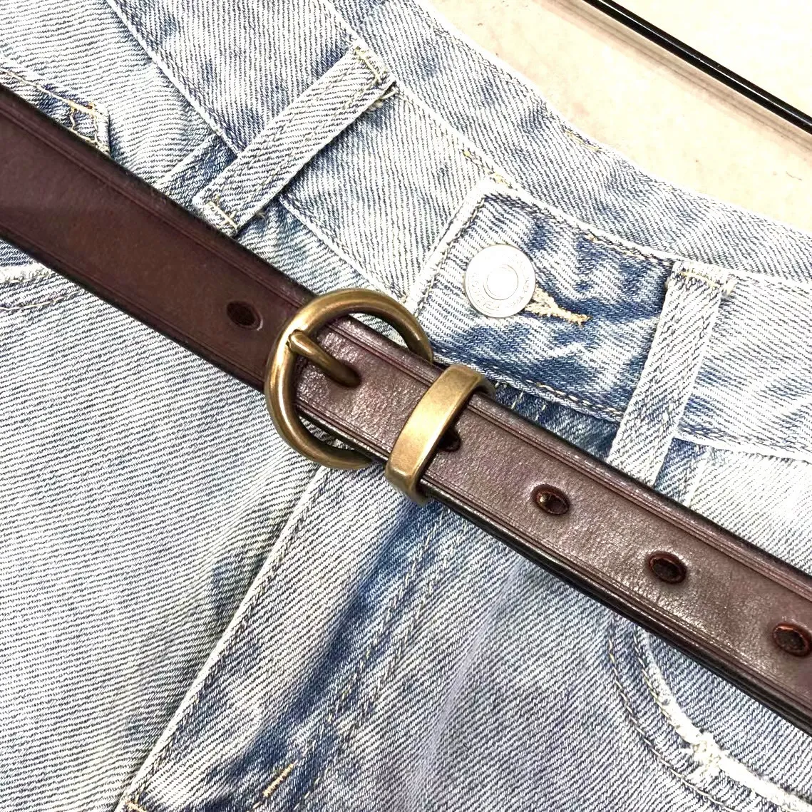 Genuine Leather Belt with Round Metal Buckle