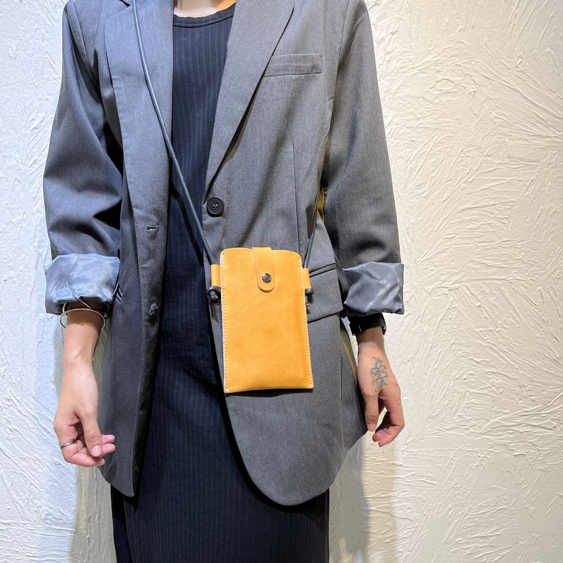 Button Flap Yellow Leather Phone Crossbody Bag