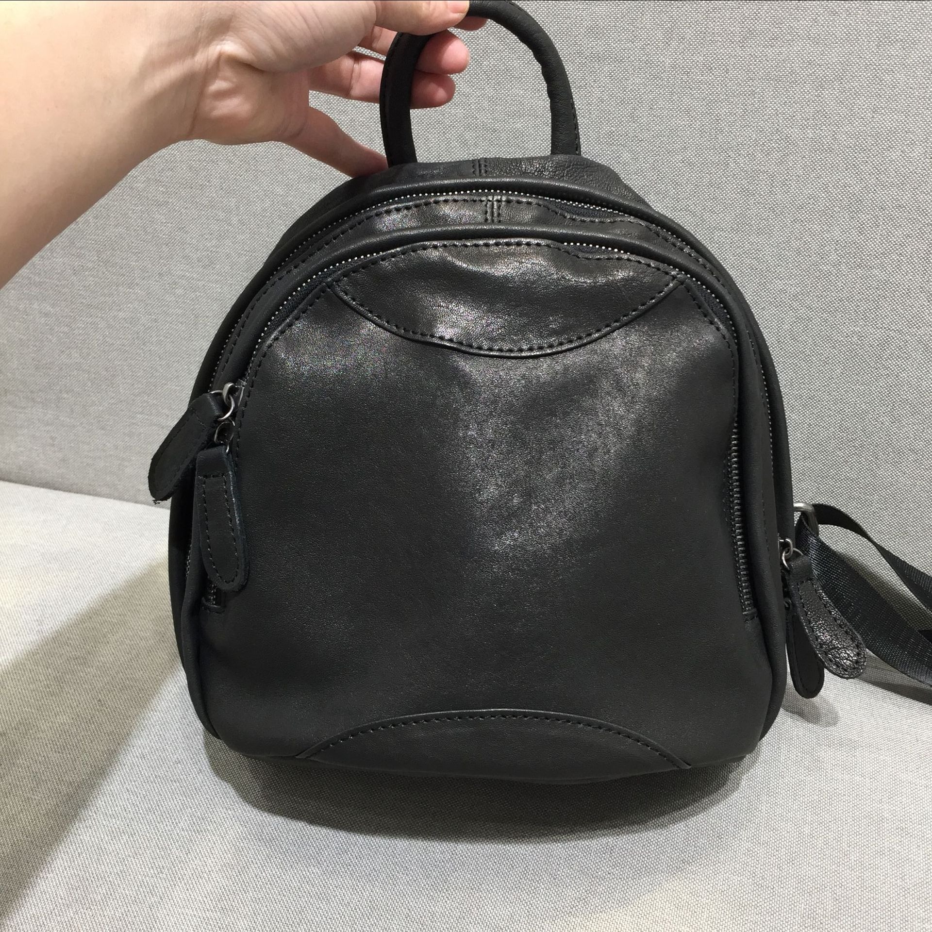 Mini Genuine Leather Backpack with Double Zipper