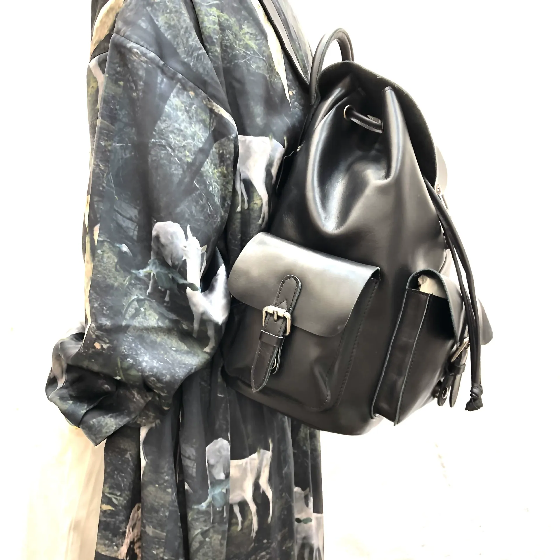 Genuine Leather Backpack with Flap Closure