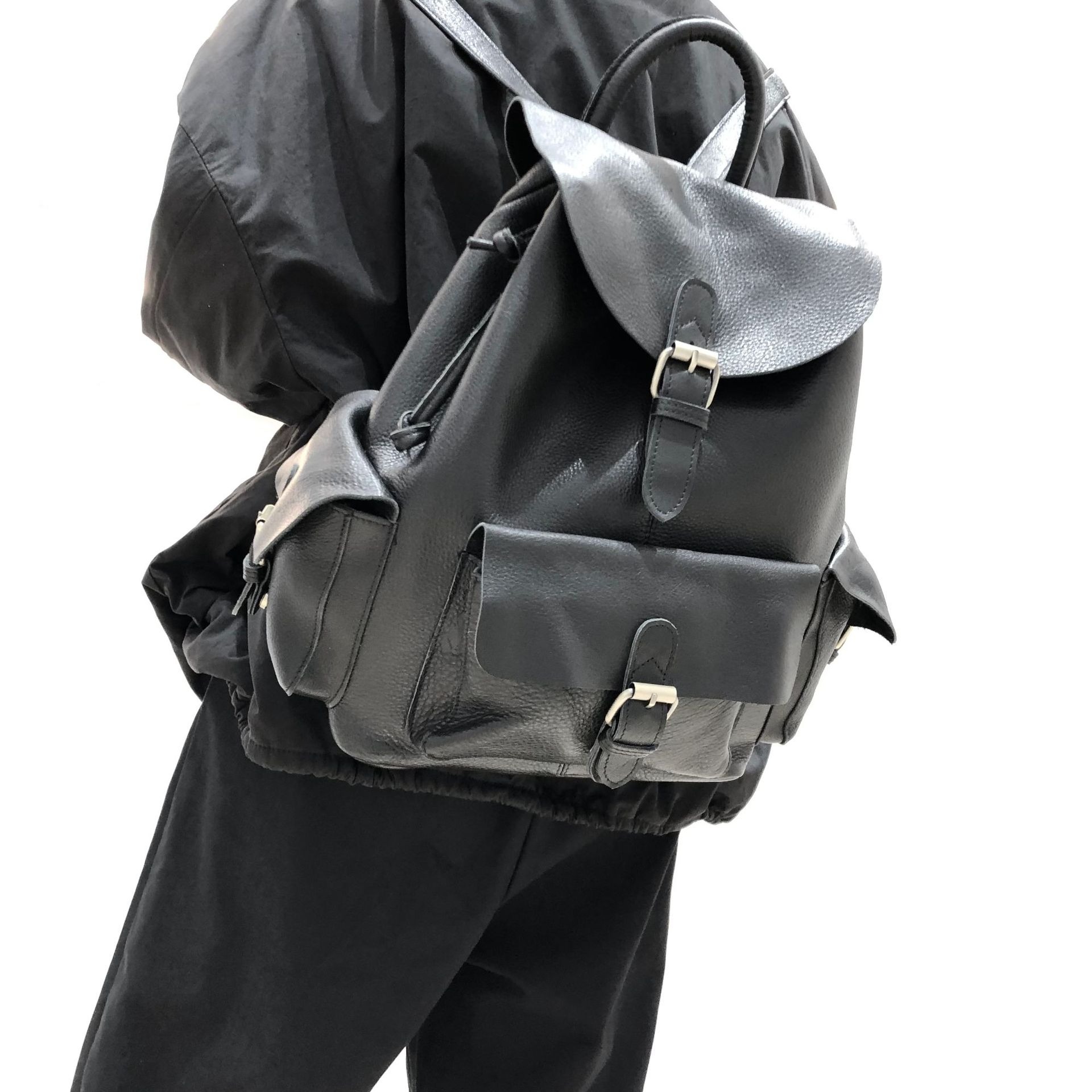 Genuine Leather Backpack with Flap Closure