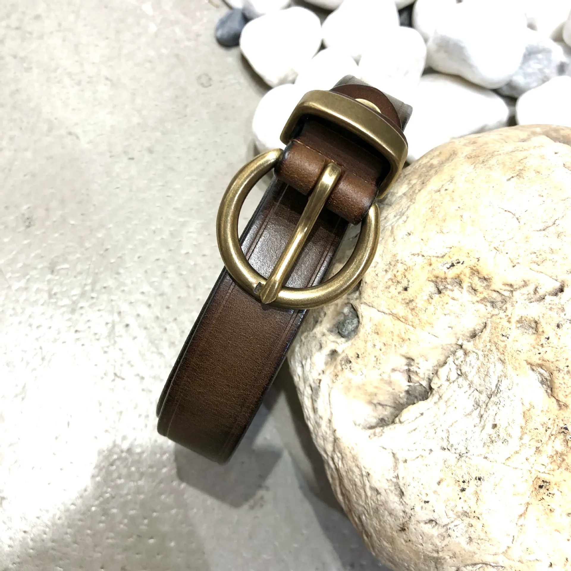 Genuine Leather Belt with Round Metal Buckle