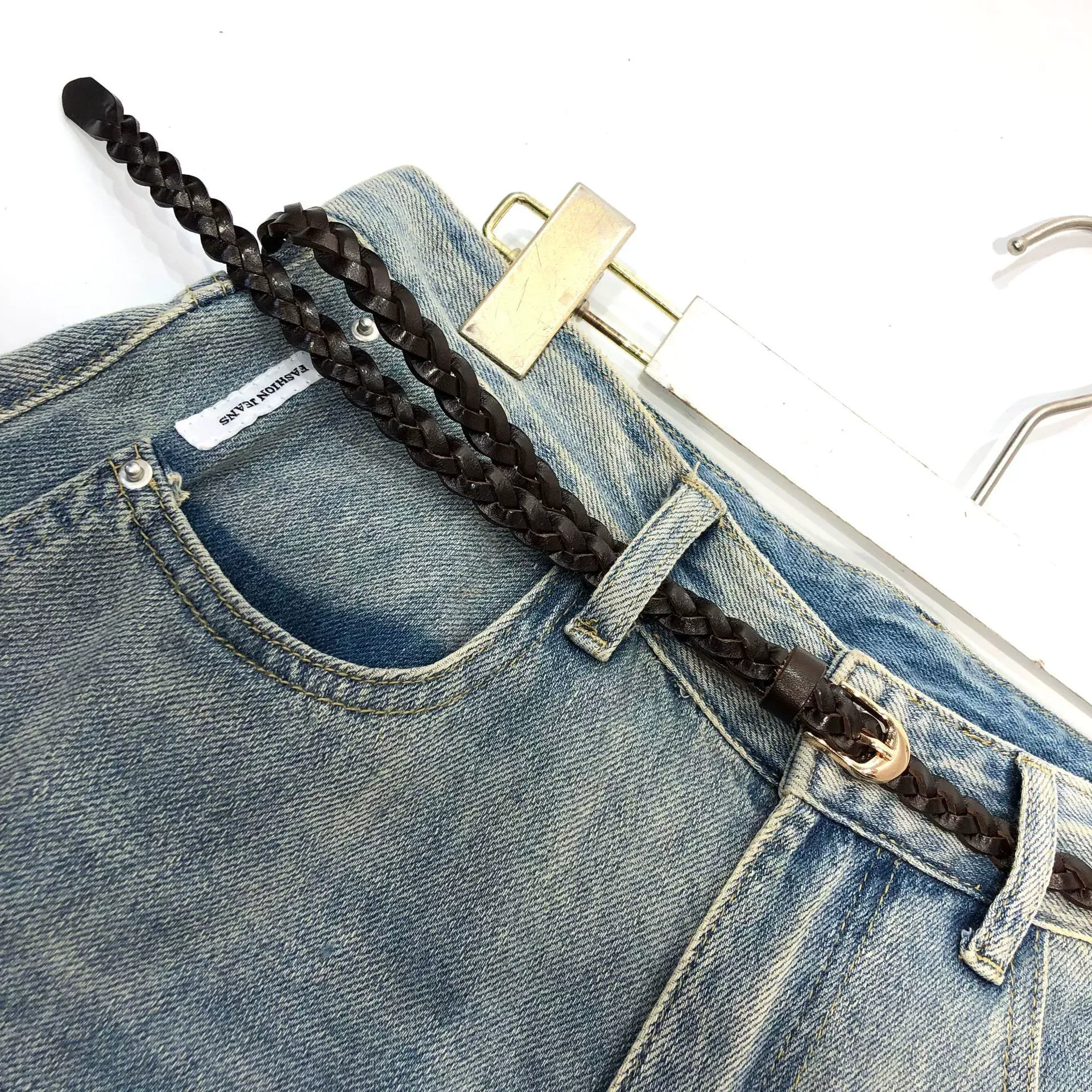 Braided Genuine Leather Belt with Round Metal Buckle