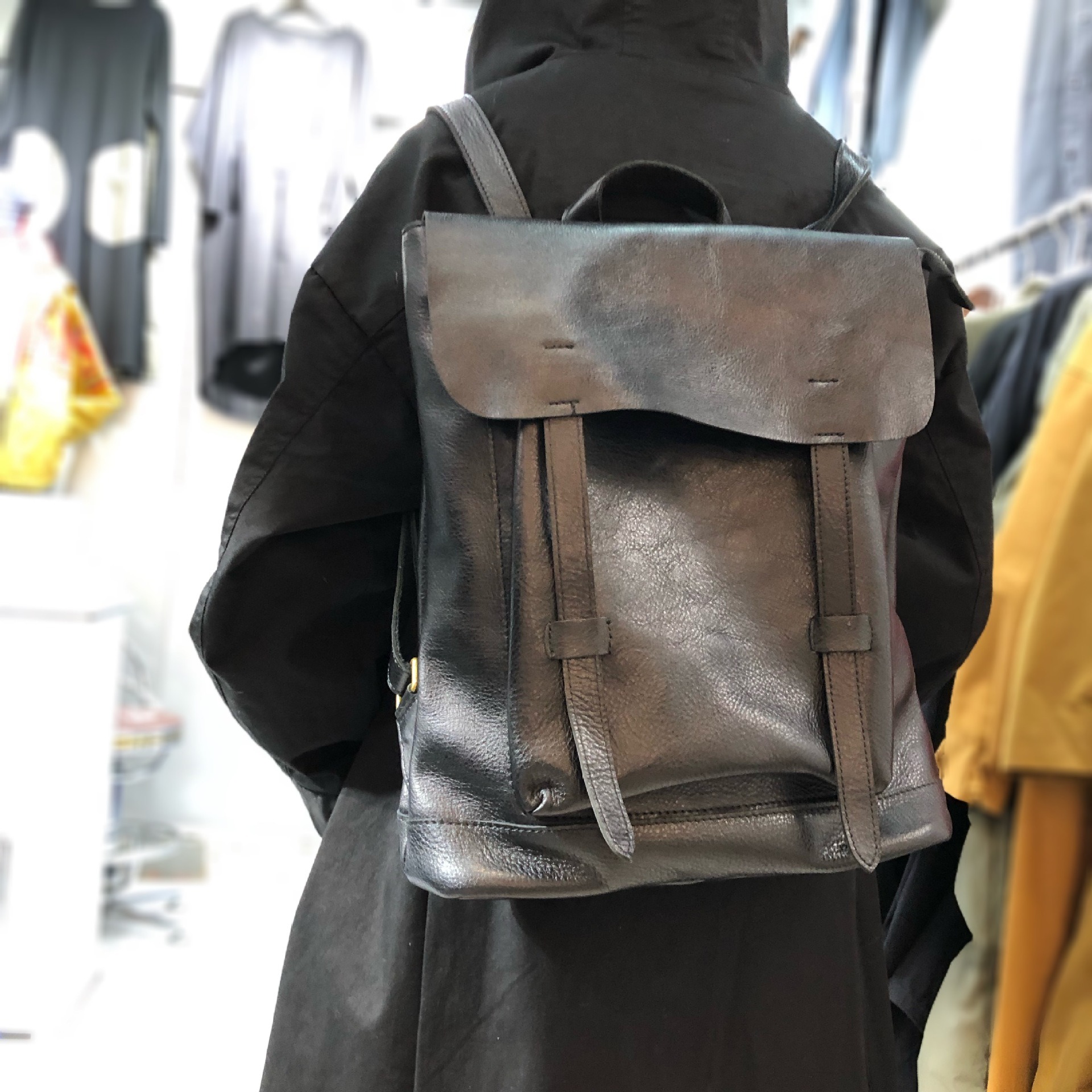 Brown Genuine Leather Backpack with Flap and Drawstring Closure