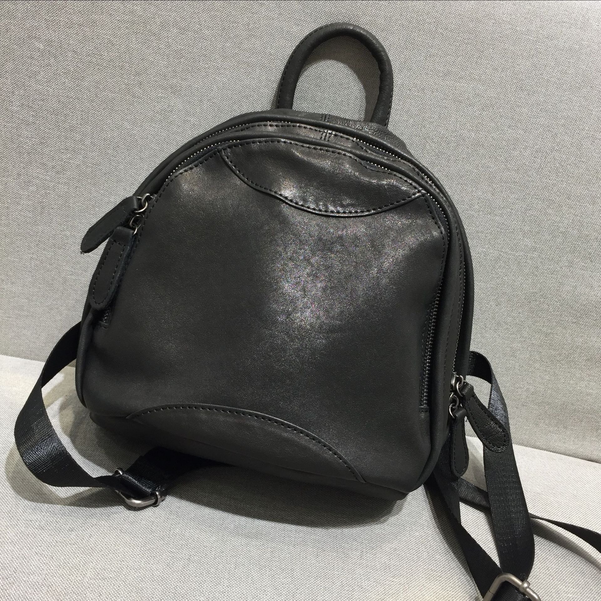 Mini Genuine Leather Backpack with Double Zipper