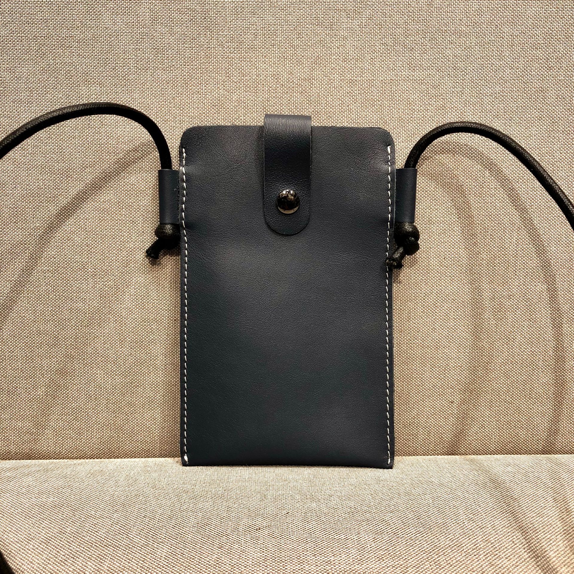 Button Flap Black Leather Phone Crossbody Bag